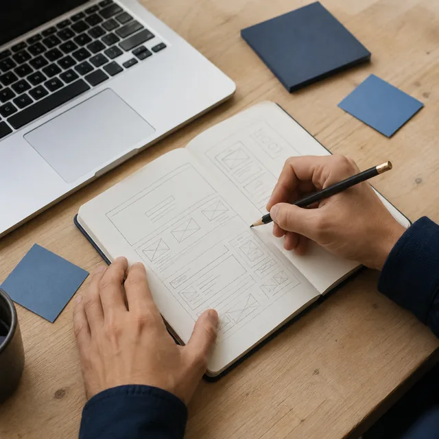 Hands sketching website wireframes beside a laptop