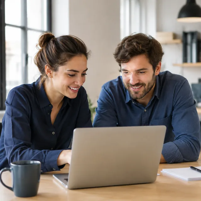 Two developers reviewing a laptop together