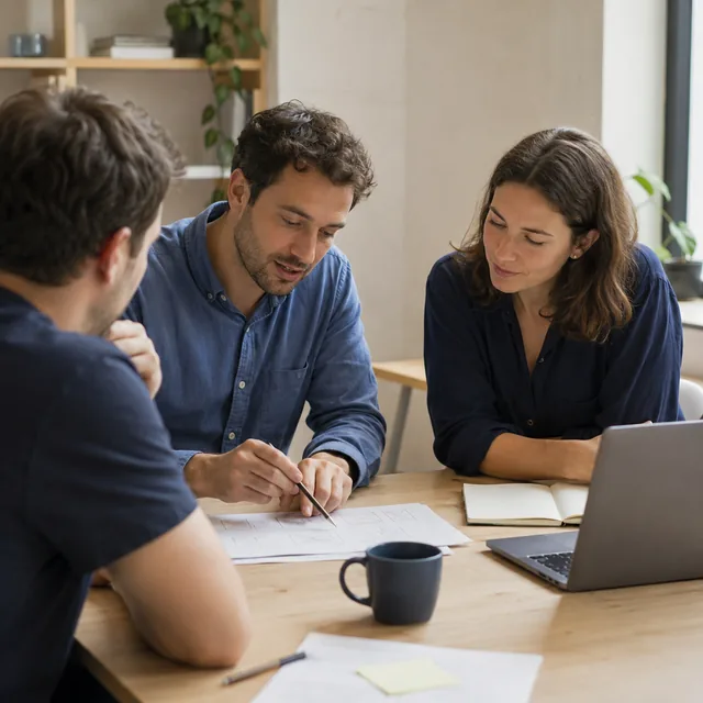 Colleagues discussing sketches during a project workshop