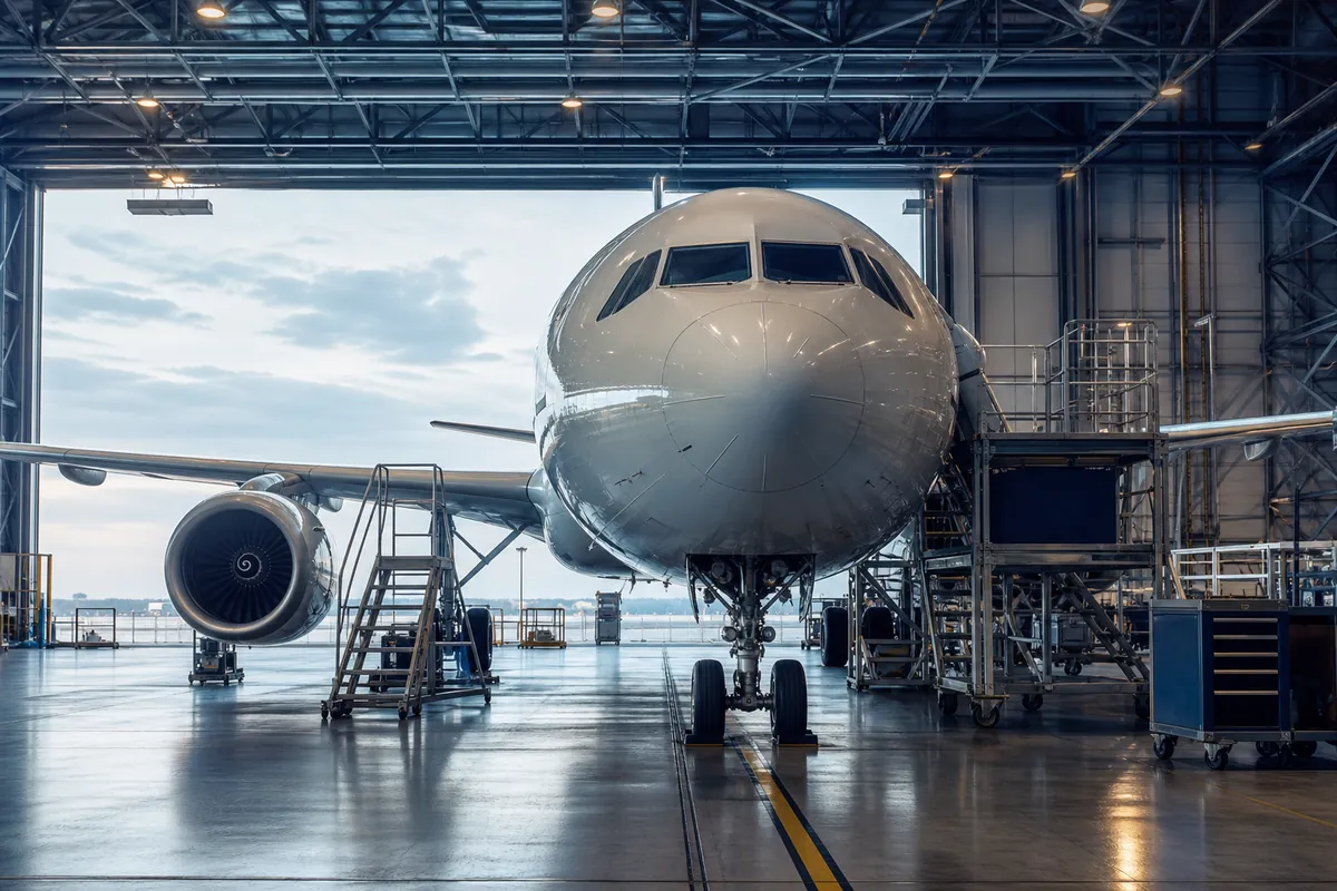 Passenger aircraft and service equipment inside a modern maintenance hangar