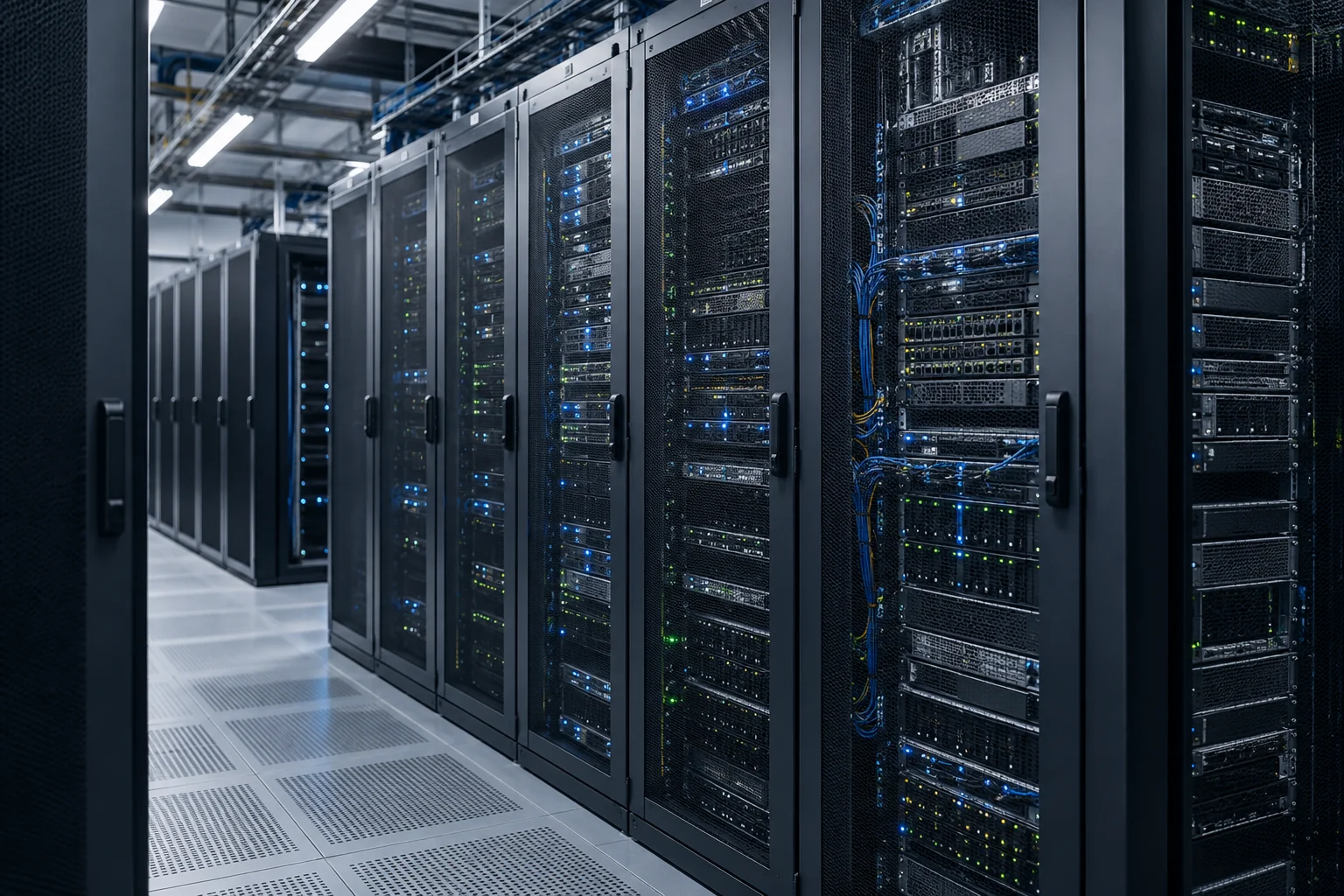 Server and storage racks with illuminated connections in a modern data center