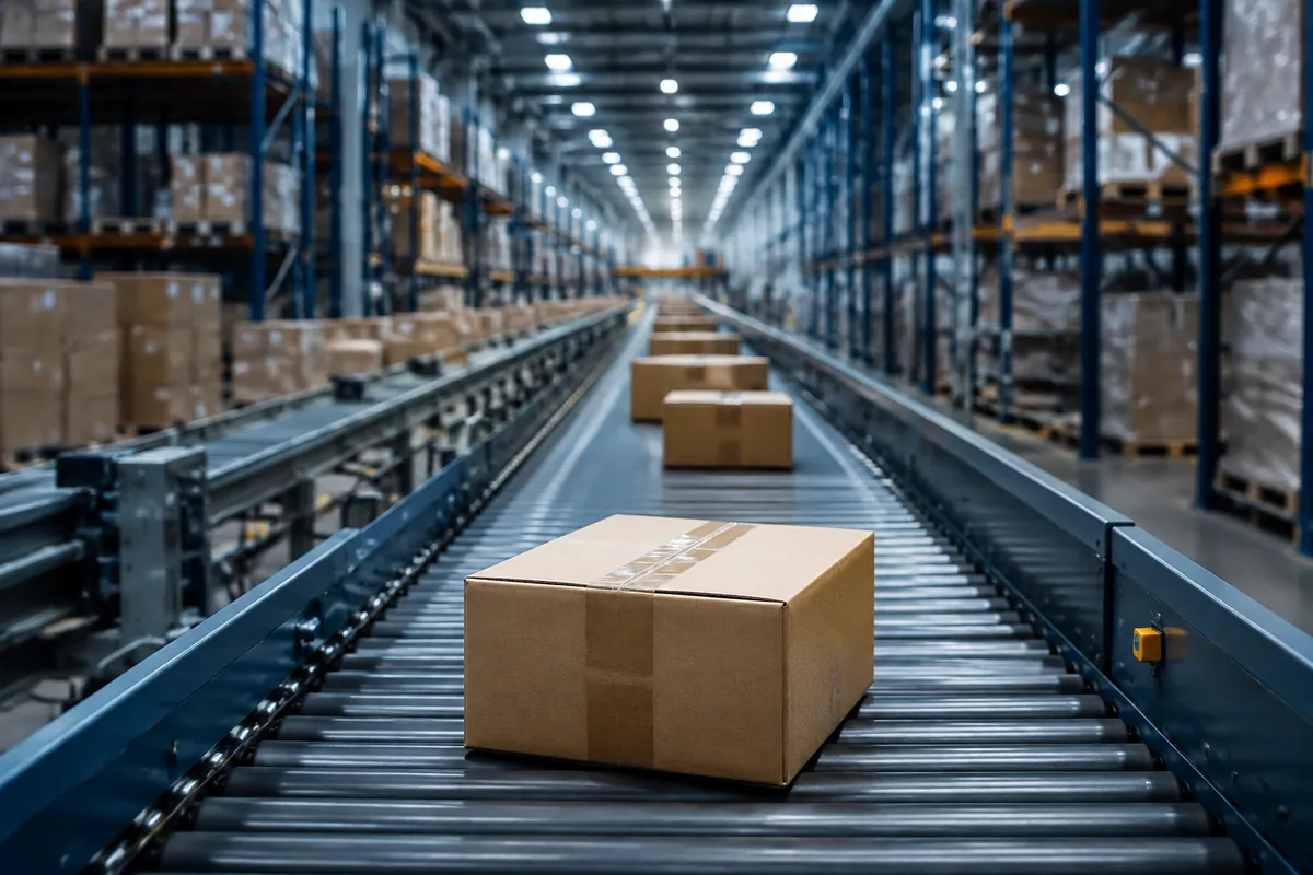 Parcels on a conveyor in an organized fulfilment warehouse