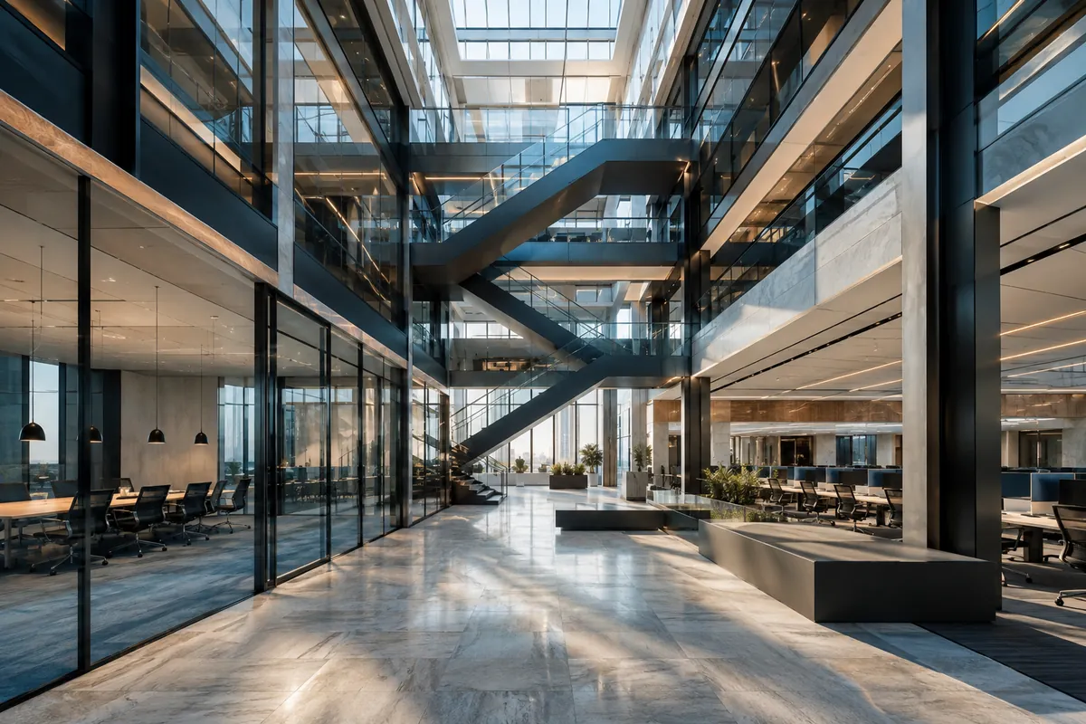 Modern office atrium with glass meeting rooms and shared workspaces