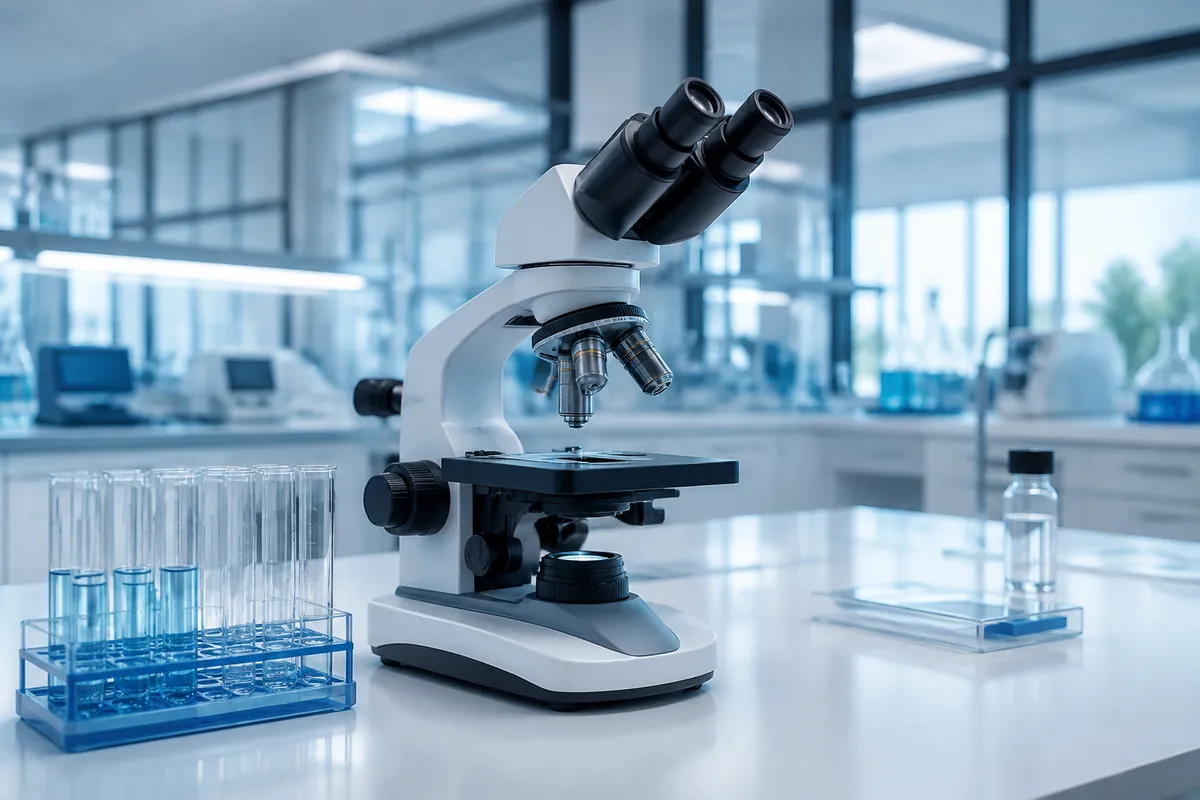 Microscope and sample tubes in a bright medical laboratory