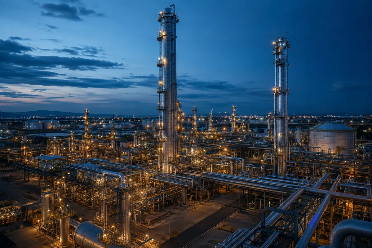 Petrochemical plant with illuminated distillation columns at dusk