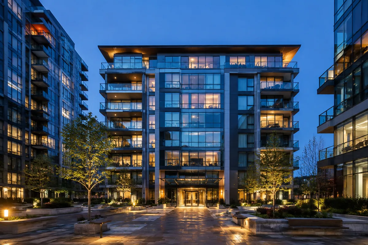 Modern residential and commercial buildings around a landscaped courtyard at dusk
