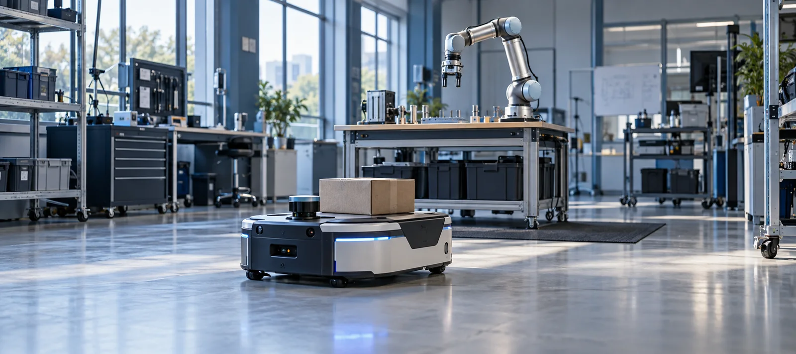 Autonomous mobile robot carrying a parcel beside a collaborative robot testing workbench