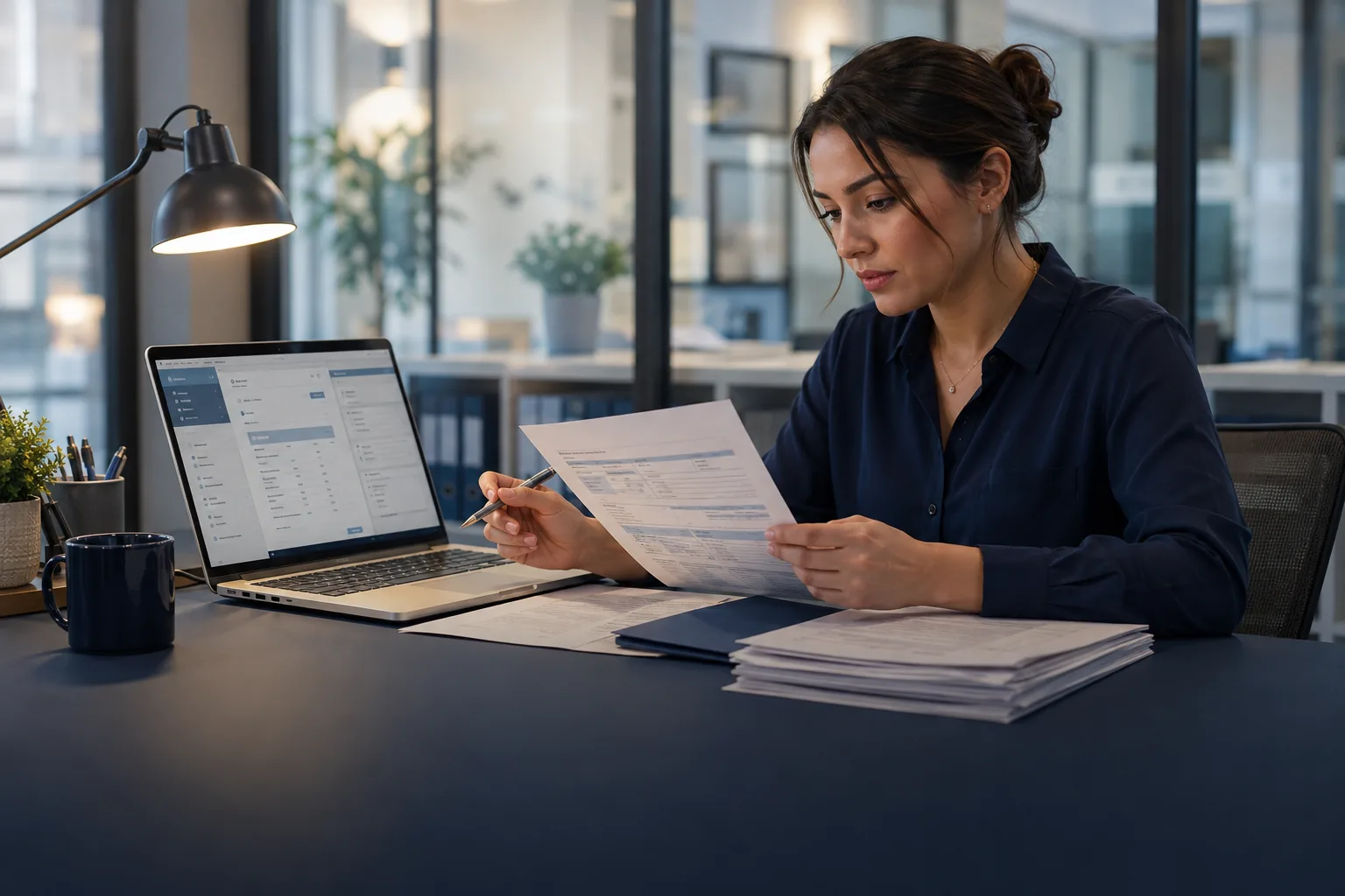 Claims specialist comparing paper documents with a digital review workspace