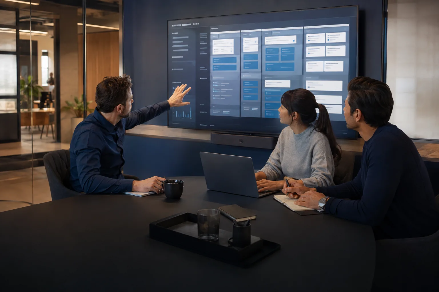 Colleagues reviewing an enterprise workflow board and laptop in a planning session