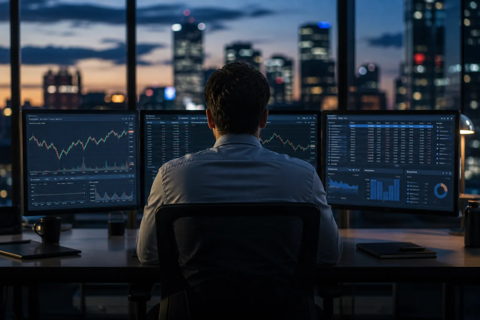 Analyst reviewing market charts and order information across three monitors